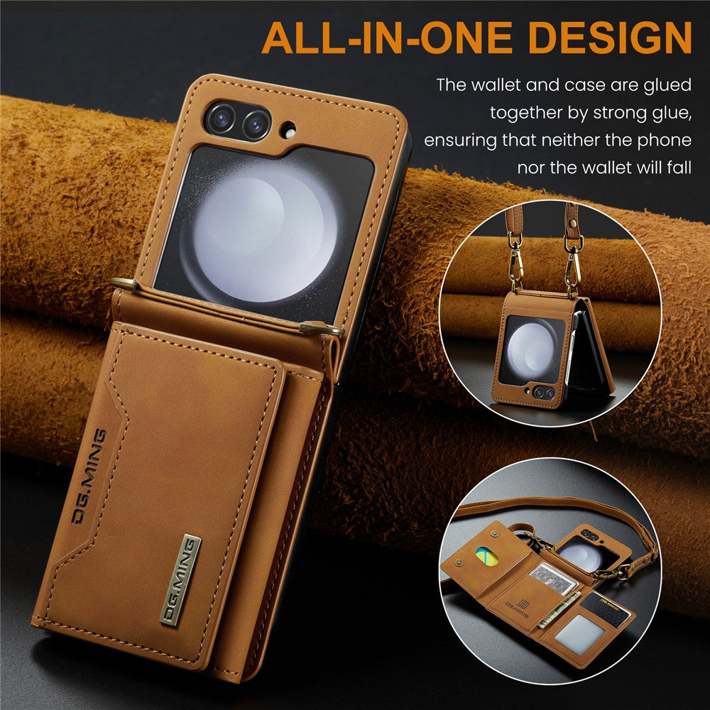 DG.MING M2 Series for Samsung Galaxy Z Flip7 FE 5G / Z Flip6 5G Case PU+PC Phone Cover with Wallet, Strap - Brown