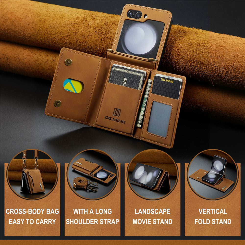 DG.MING M2 Series for Samsung Galaxy Z Flip7 FE 5G / Z Flip6 5G Case PU+PC Phone Cover with Wallet, Strap - Brown