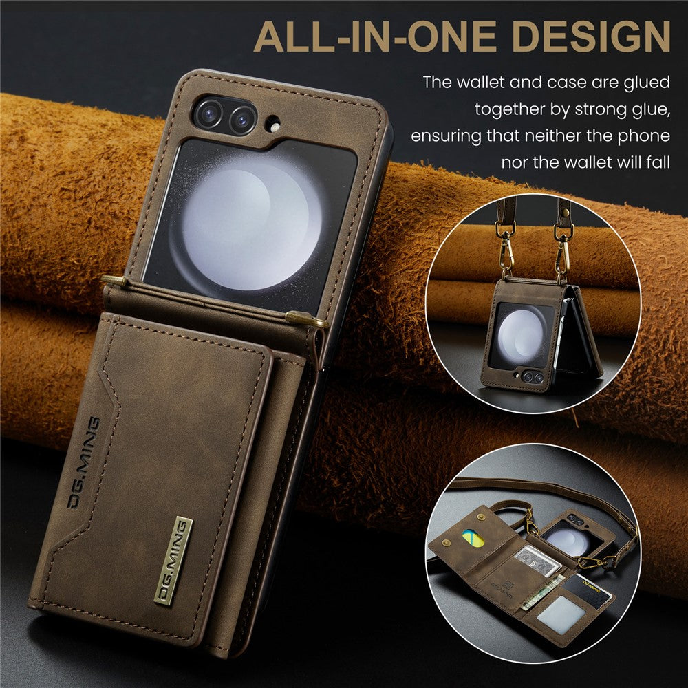 DG.MING M2 Series for Samsung Galaxy Z Flip7 FE 5G / Z Flip6 5G Case PU+PC Phone Cover with Wallet, Strap - Coffee