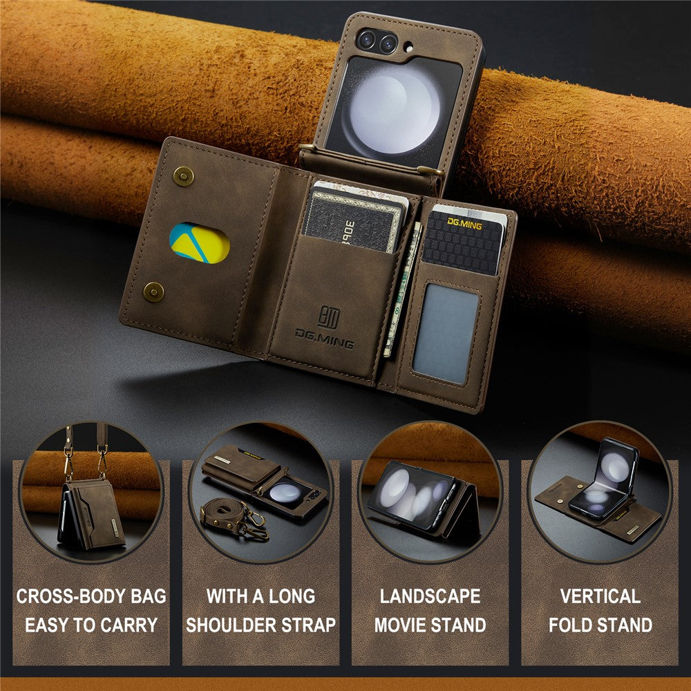 DG.MING M2 Series for Samsung Galaxy Z Flip7 FE 5G / Z Flip6 5G Case PU+PC Phone Cover with Wallet, Strap - Coffee