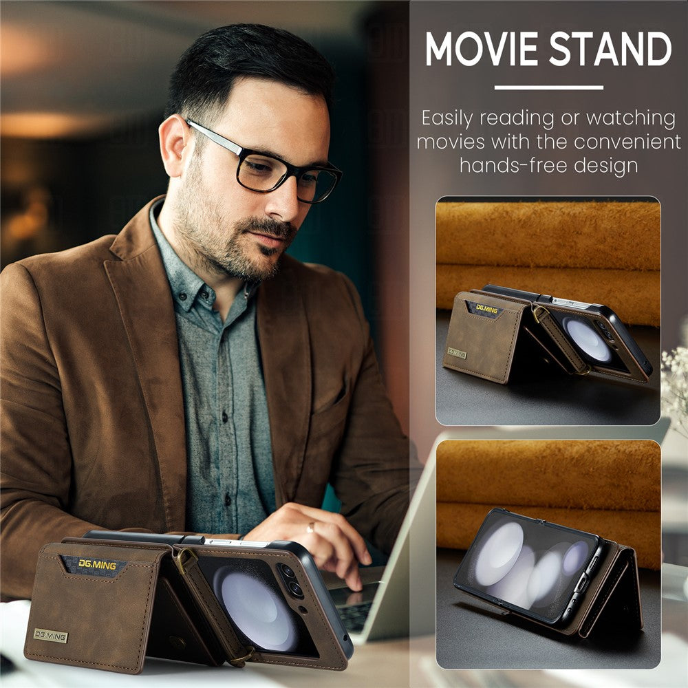 DG.MING M2 Series for Samsung Galaxy Z Flip7 FE 5G / Z Flip6 5G Case PU+PC Phone Cover with Wallet, Strap - Coffee