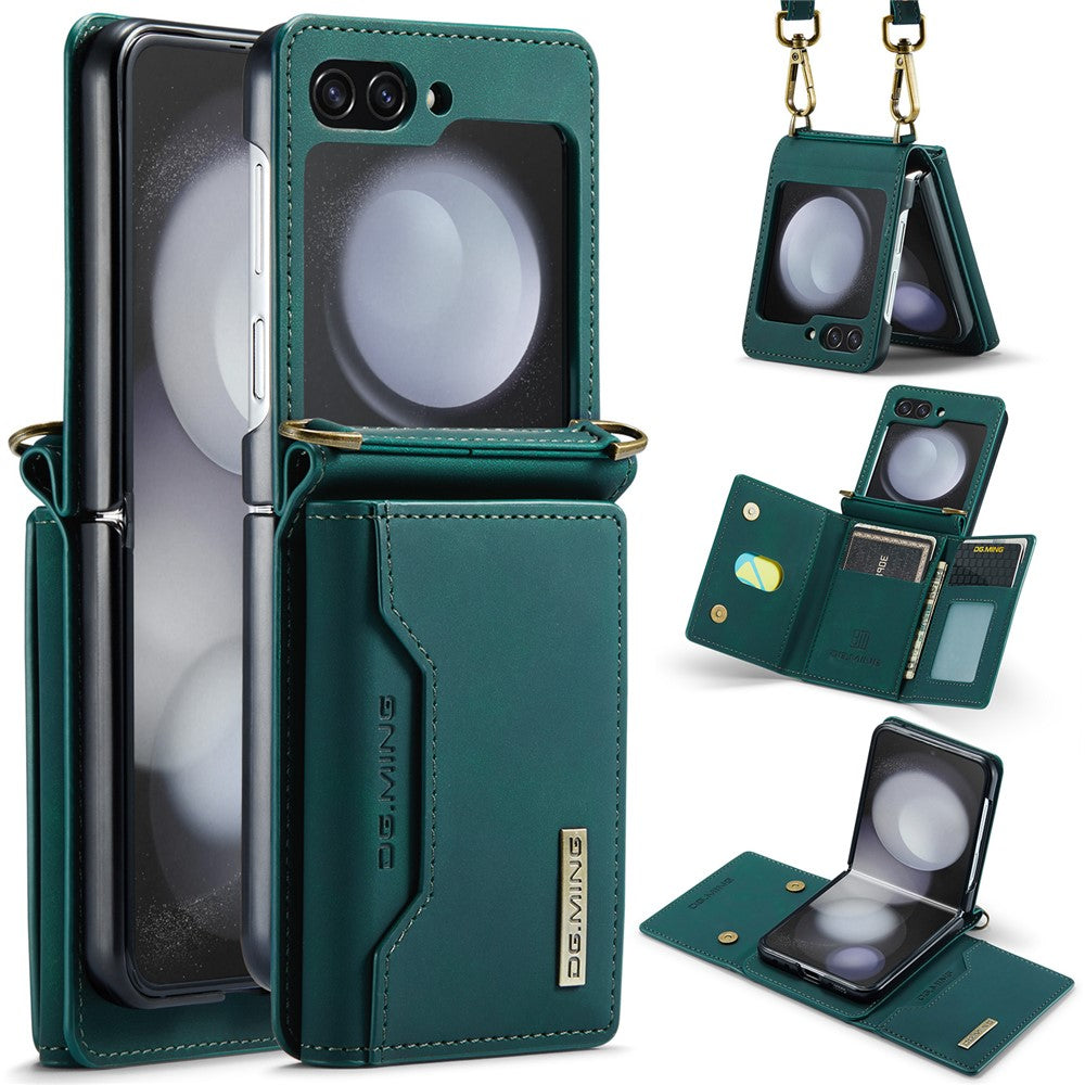 DG.MING M2 Series for Samsung Galaxy Z Flip7 FE 5G / Z Flip6 5G Case PU+PC Phone Cover with Wallet, Strap - Green