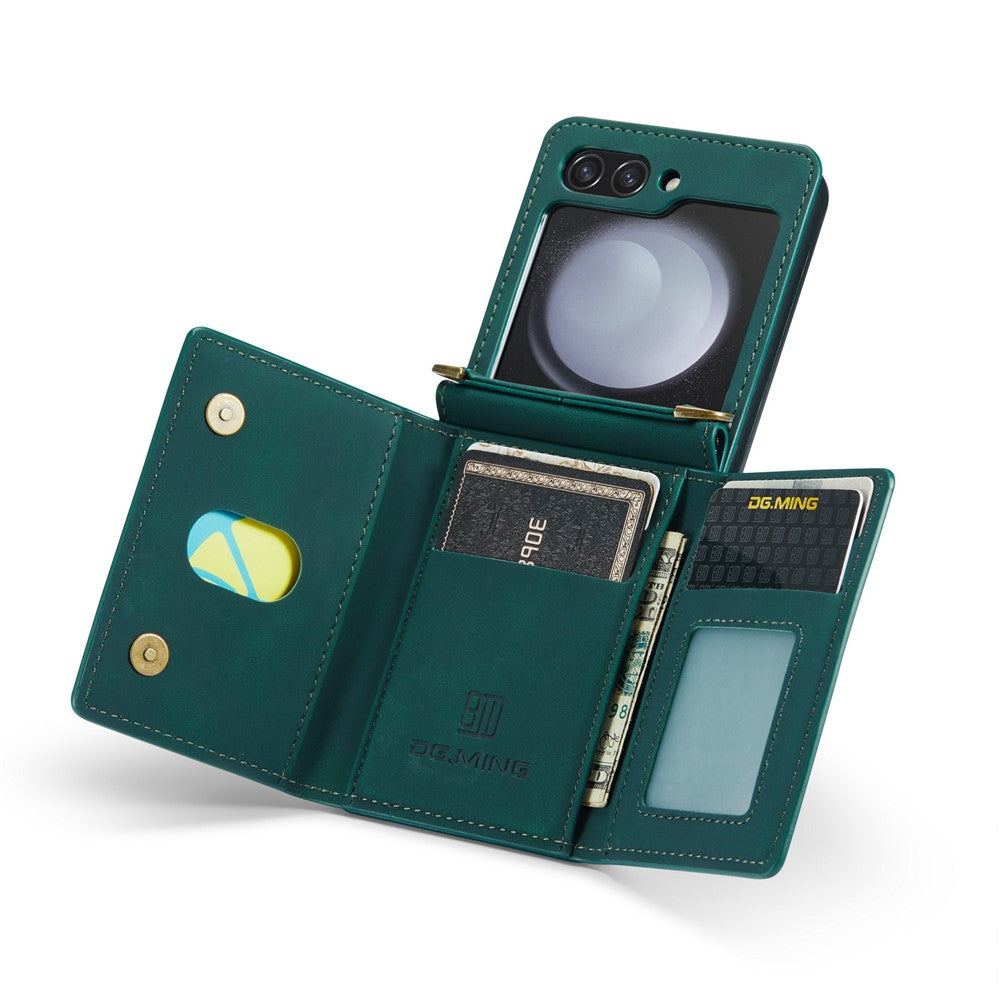 DG.MING M2 Series for Samsung Galaxy Z Flip7 FE 5G / Z Flip6 5G Case PU+PC Phone Cover with Wallet, Strap - Green