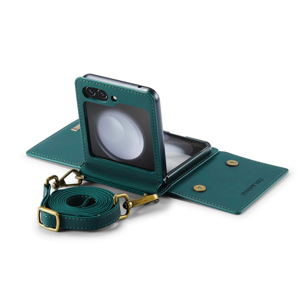 DG.MING M2 Series for Samsung Galaxy Z Flip7 FE 5G / Z Flip6 5G Case PU+PC Phone Cover with Wallet, Strap - Green