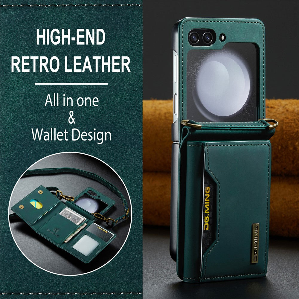 DG.MING M2 Series for Samsung Galaxy Z Flip7 FE 5G / Z Flip6 5G Case PU+PC Phone Cover with Wallet, Strap - Green