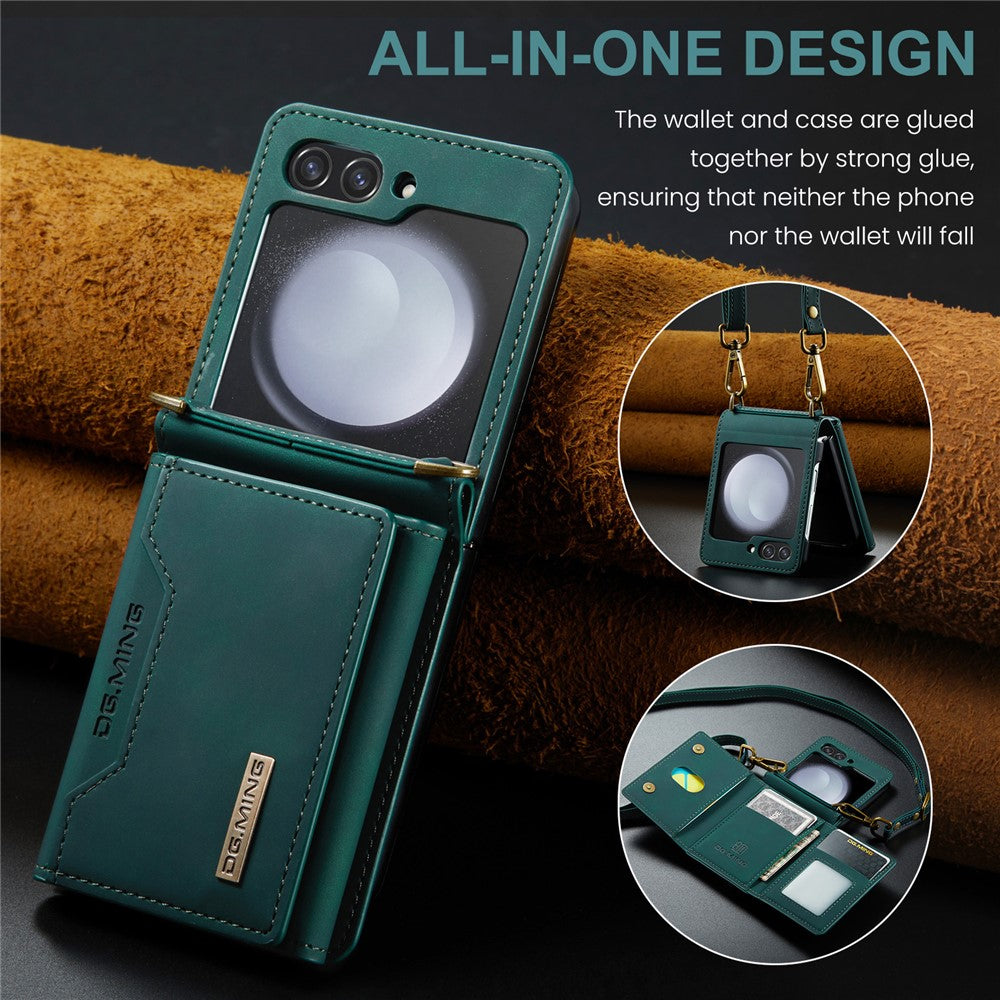 DG.MING M2 Series for Samsung Galaxy Z Flip7 FE 5G / Z Flip6 5G Case PU+PC Phone Cover with Wallet, Strap - Green