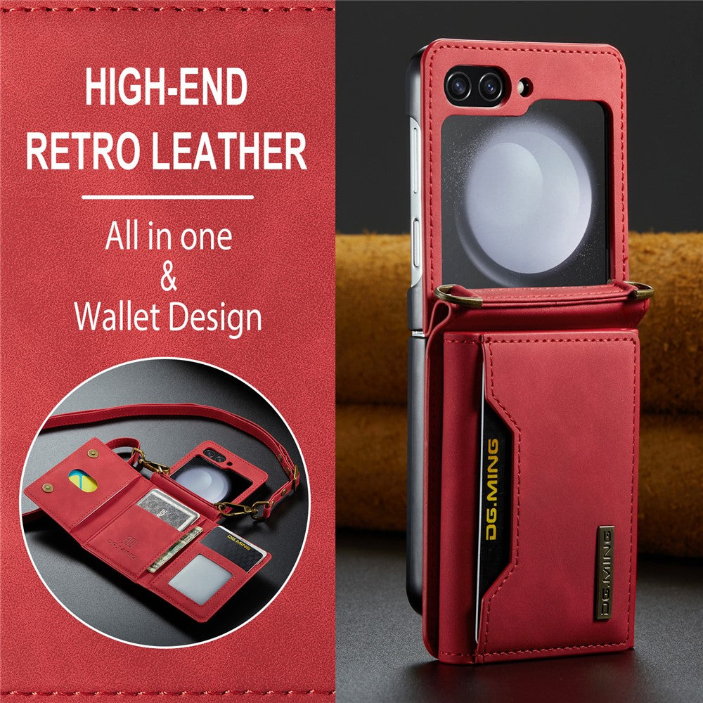 DG.MING M2 Series for Samsung Galaxy Z Flip7 FE 5G / Z Flip6 5G Case PU+PC Phone Cover with Wallet, Strap - Red