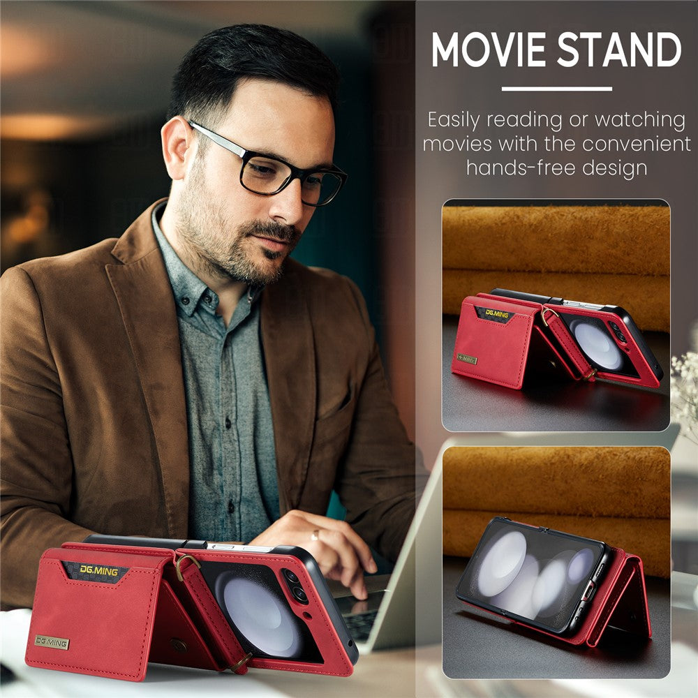 DG.MING M2 Series for Samsung Galaxy Z Flip7 FE 5G / Z Flip6 5G Case PU+PC Phone Cover with Wallet, Strap - Red