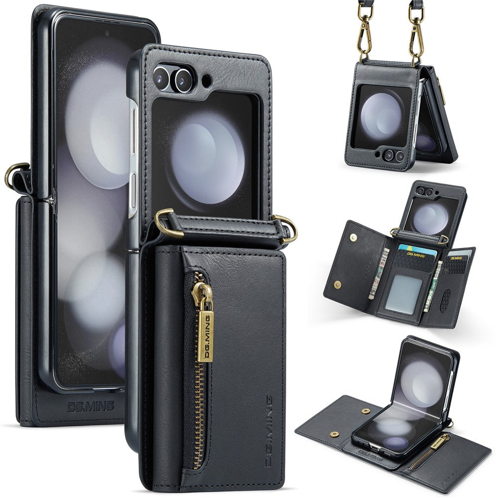 DG.MING M5 Series for Samsung Galaxy Z Flip7 FE 5G / Z Flip6 5G Case RFID Blocking Card Slots PU+PC Phone Cover - Black
