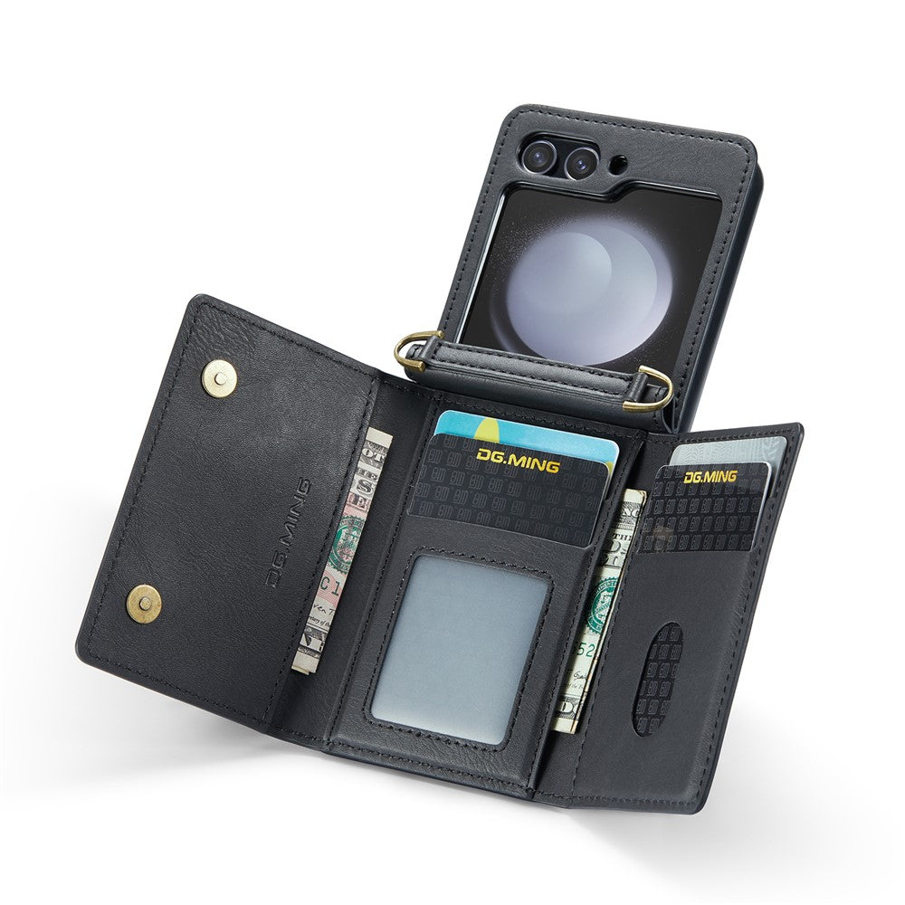 DG.MING M5 Series for Samsung Galaxy Z Flip7 FE 5G / Z Flip6 5G Case RFID Blocking Card Slots PU+PC Phone Cover - Black