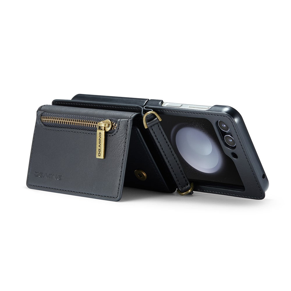 DG.MING M5 Series for Samsung Galaxy Z Flip7 FE 5G / Z Flip6 5G Case RFID Blocking Card Slots PU+PC Phone Cover - Black