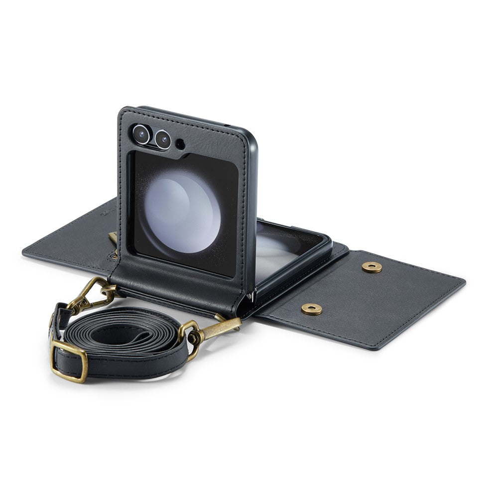 DG.MING M5 Series for Samsung Galaxy Z Flip7 FE 5G / Z Flip6 5G Case RFID Blocking Card Slots PU+PC Phone Cover - Black