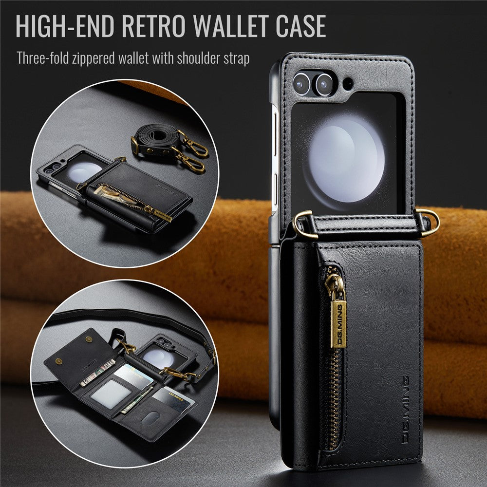 DG.MING M5 Series for Samsung Galaxy Z Flip7 FE 5G / Z Flip6 5G Case RFID Blocking Card Slots PU+PC Phone Cover - Black