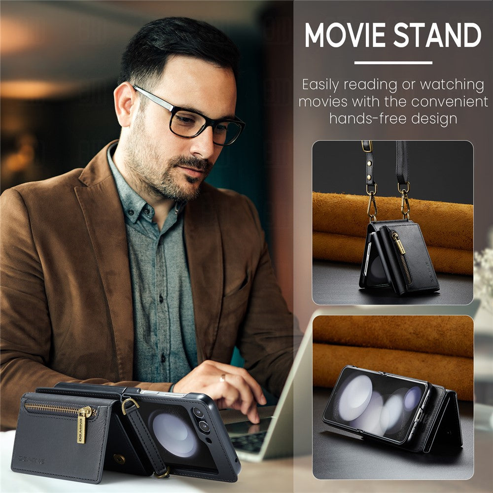 DG.MING M5 Series for Samsung Galaxy Z Flip7 FE 5G / Z Flip6 5G Case RFID Blocking Card Slots PU+PC Phone Cover - Black