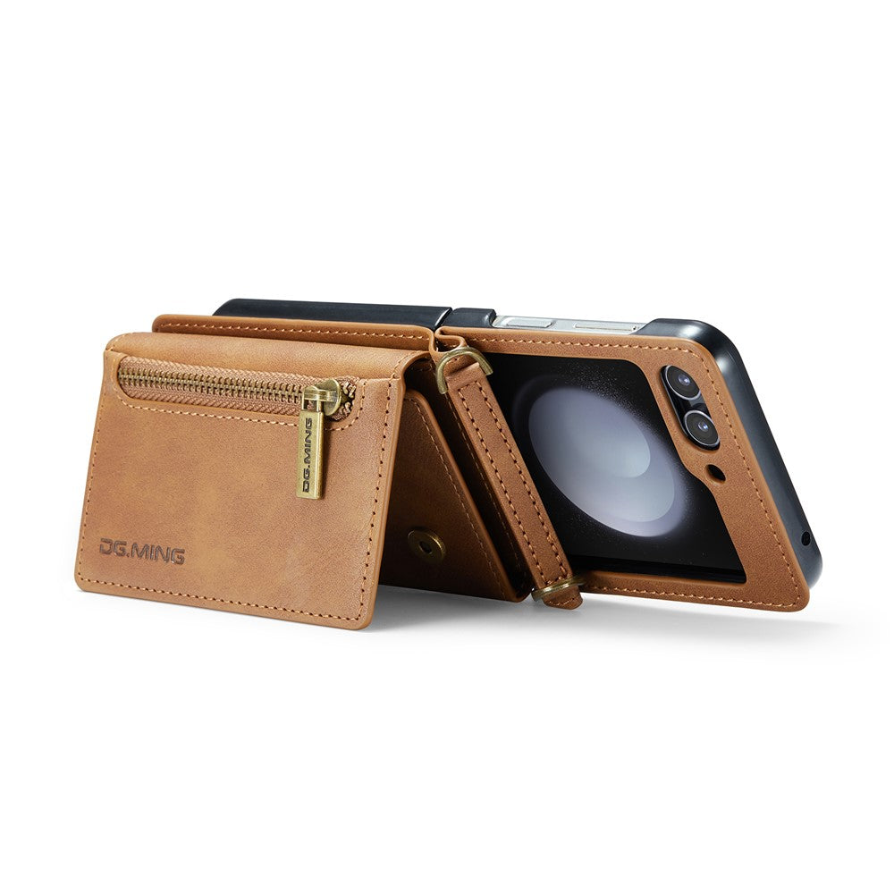 DG.MING M5 Series for Samsung Galaxy Z Flip7 FE 5G / Z Flip6 5G Case RFID Blocking Card Slots PU+PC Phone Cover - Brown