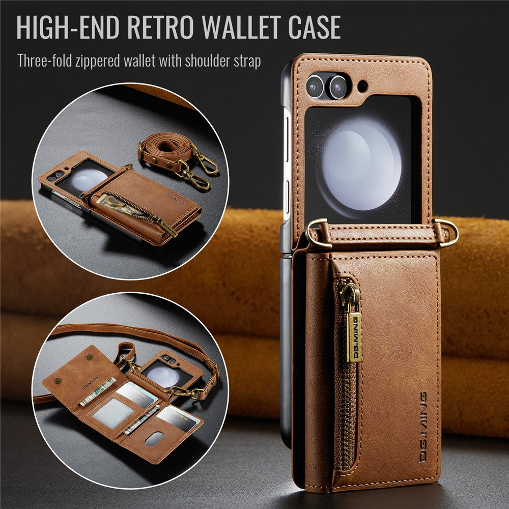 DG.MING M5 Series for Samsung Galaxy Z Flip7 FE 5G / Z Flip6 5G Case RFID Blocking Card Slots PU+PC Phone Cover - Brown