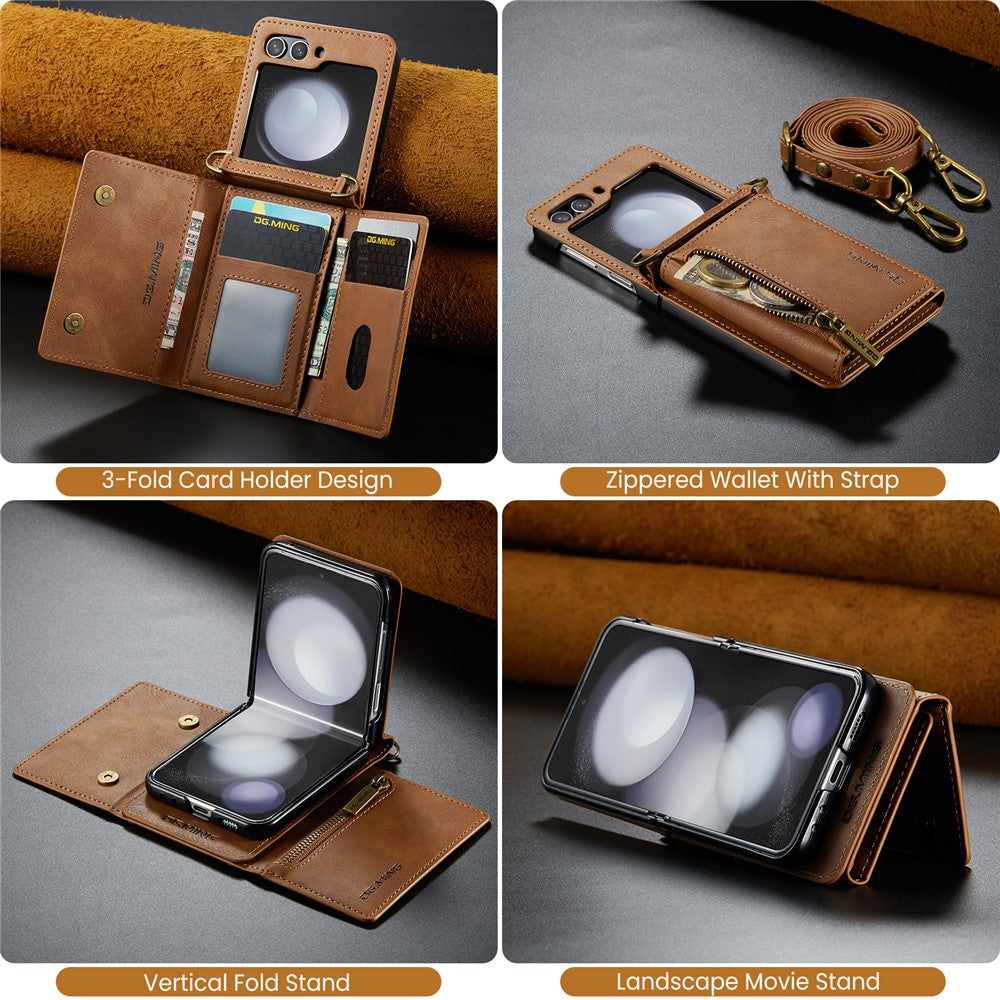 DG.MING M5 Series for Samsung Galaxy Z Flip7 FE 5G / Z Flip6 5G Case RFID Blocking Card Slots PU+PC Phone Cover - Brown