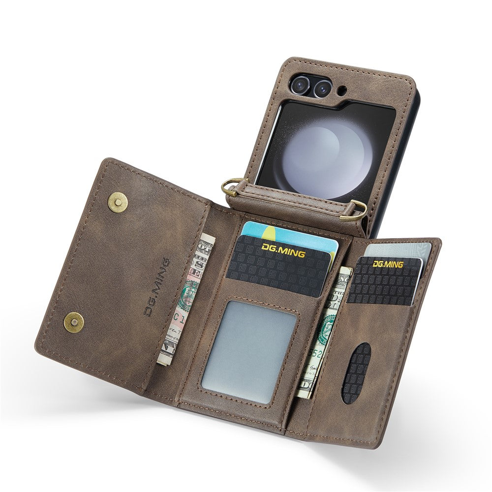 DG.MING M5 Series for Samsung Galaxy Z Flip7 FE 5G / Z Flip6 5G Case RFID Blocking Card Slots PU+PC Phone Cover - Coffee