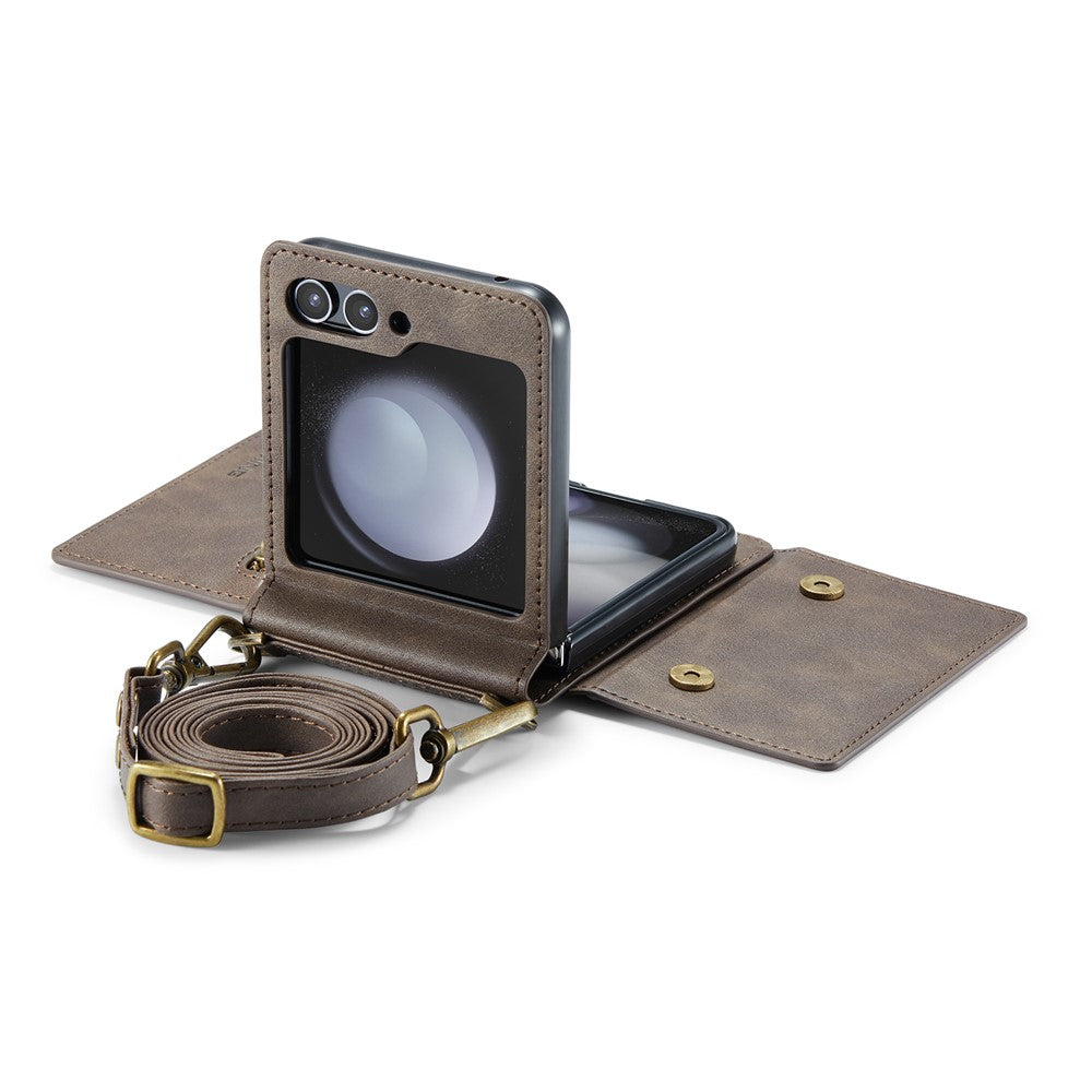 DG.MING M5 Series for Samsung Galaxy Z Flip7 FE 5G / Z Flip6 5G Case RFID Blocking Card Slots PU+PC Phone Cover - Coffee