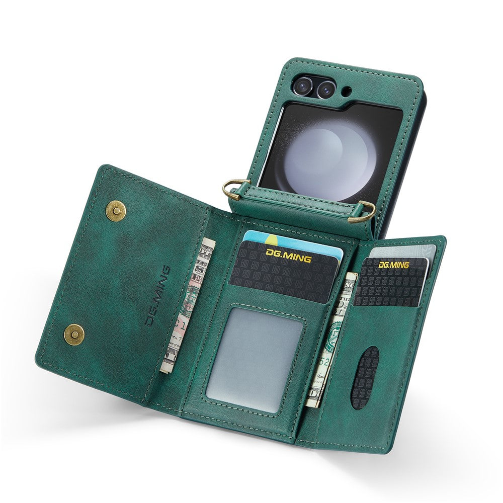 DG.MING M5 Series for Samsung Galaxy Z Flip7 FE 5G / Z Flip6 5G Case RFID Blocking Card Slots PU+PC Phone Cover - Green