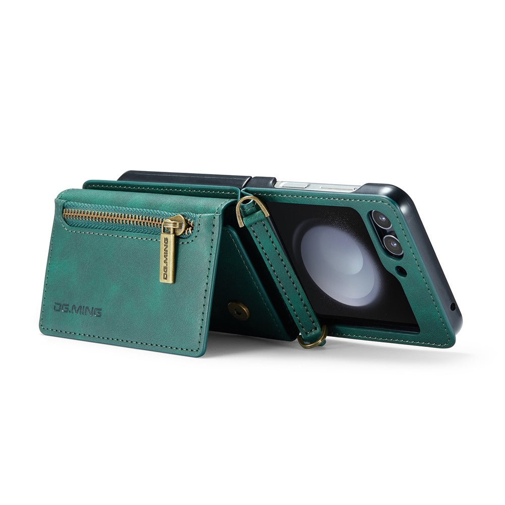 DG.MING M5 Series for Samsung Galaxy Z Flip7 FE 5G / Z Flip6 5G Case RFID Blocking Card Slots PU+PC Phone Cover - Green
