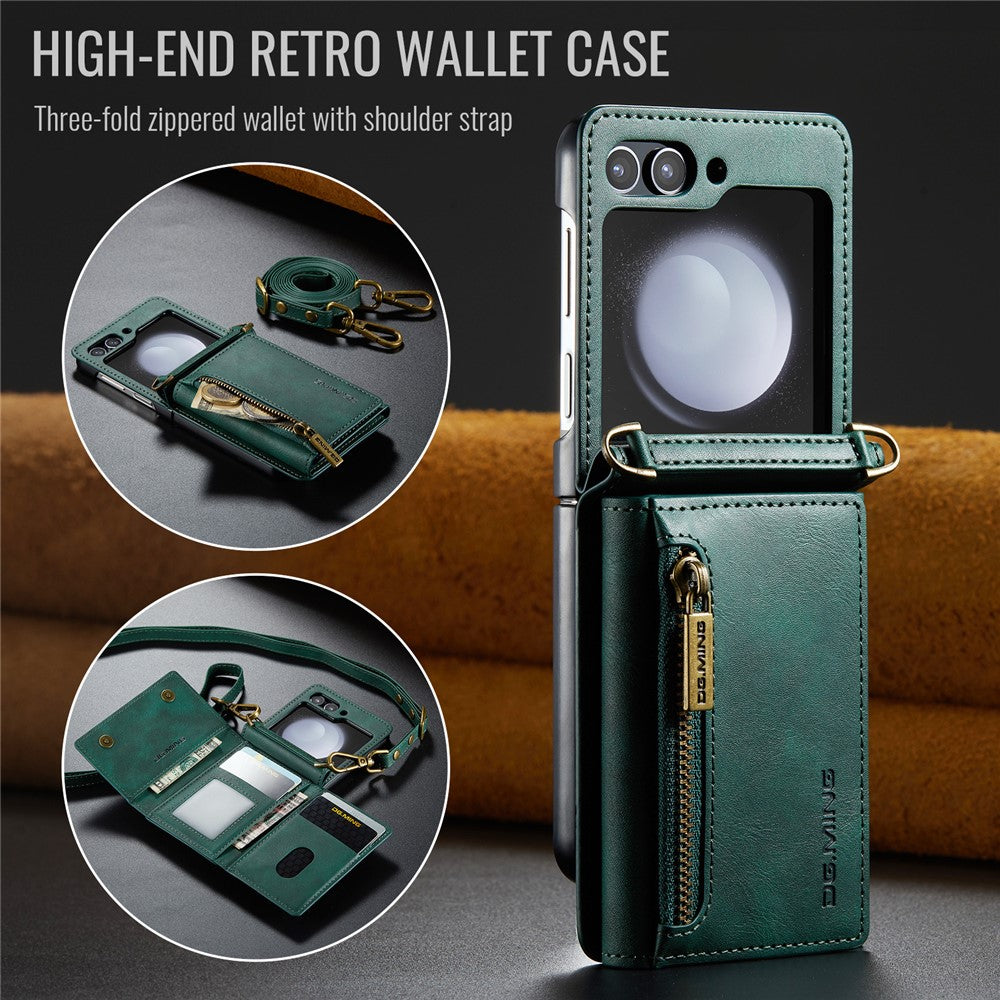 DG.MING M5 Series for Samsung Galaxy Z Flip7 FE 5G / Z Flip6 5G Case RFID Blocking Card Slots PU+PC Phone Cover - Green