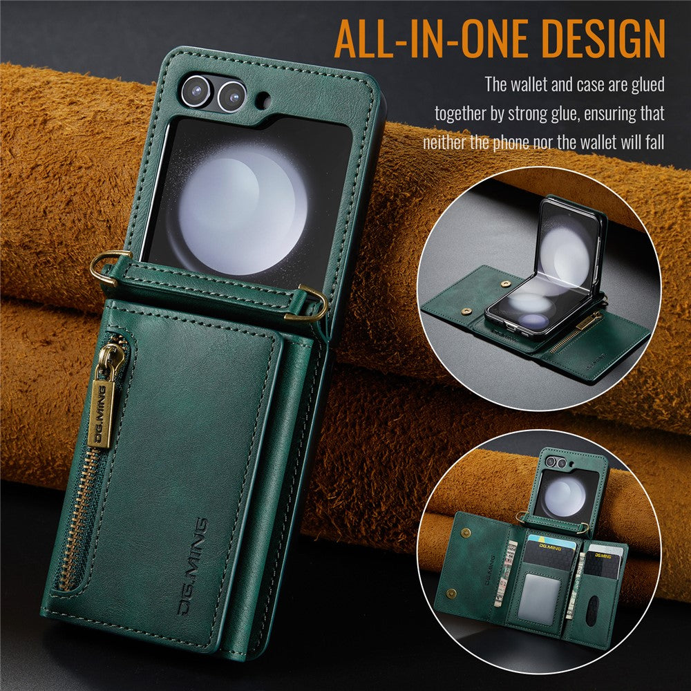 DG.MING M5 Series for Samsung Galaxy Z Flip7 FE 5G / Z Flip6 5G Case RFID Blocking Card Slots PU+PC Phone Cover - Green