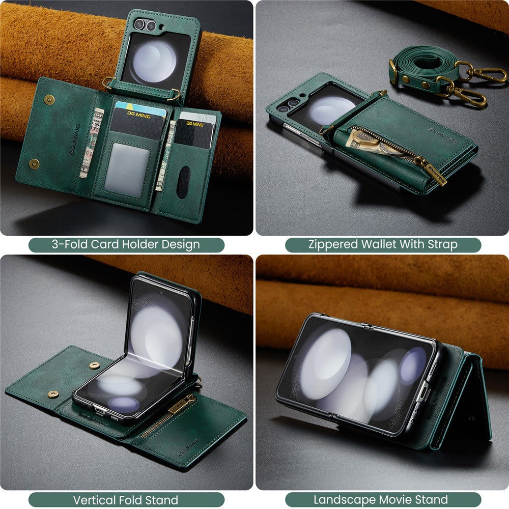 DG.MING M5 Series for Samsung Galaxy Z Flip7 FE 5G / Z Flip6 5G Case RFID Blocking Card Slots PU+PC Phone Cover - Green