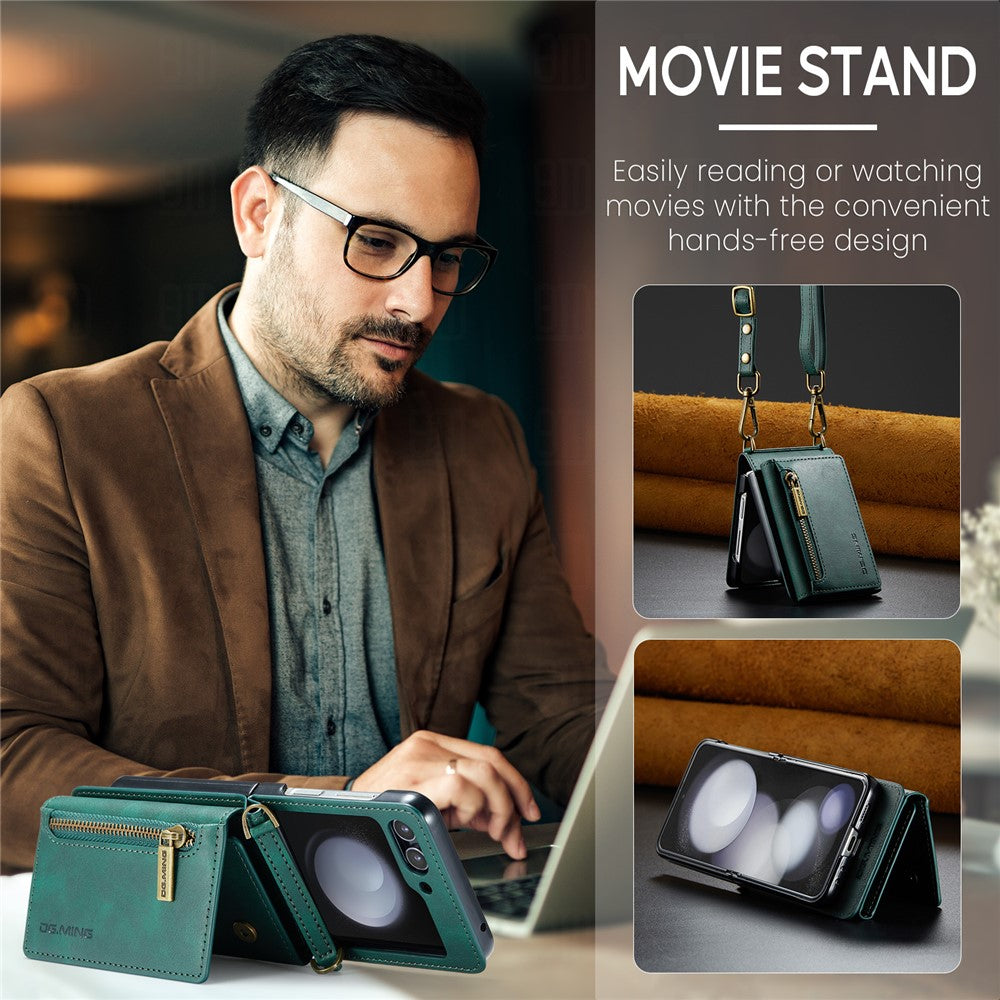DG.MING M5 Series for Samsung Galaxy Z Flip7 FE 5G / Z Flip6 5G Case RFID Blocking Card Slots PU+PC Phone Cover - Green