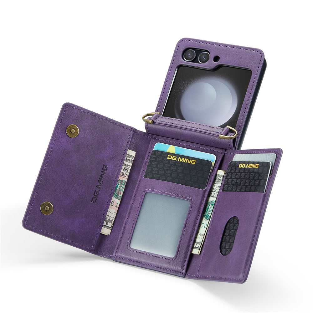 DG.MING M5 Series for Samsung Galaxy Z Flip7 FE 5G / Z Flip6 5G Case RFID Blocking Card Slots PU+PC Phone Cover - Purple