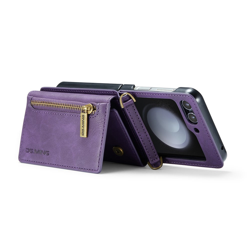 DG.MING M5 Series for Samsung Galaxy Z Flip7 FE 5G / Z Flip6 5G Case RFID Blocking Card Slots PU+PC Phone Cover - Purple