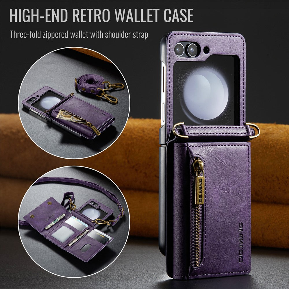 DG.MING M5 Series for Samsung Galaxy Z Flip7 FE 5G / Z Flip6 5G Case RFID Blocking Card Slots PU+PC Phone Cover - Purple