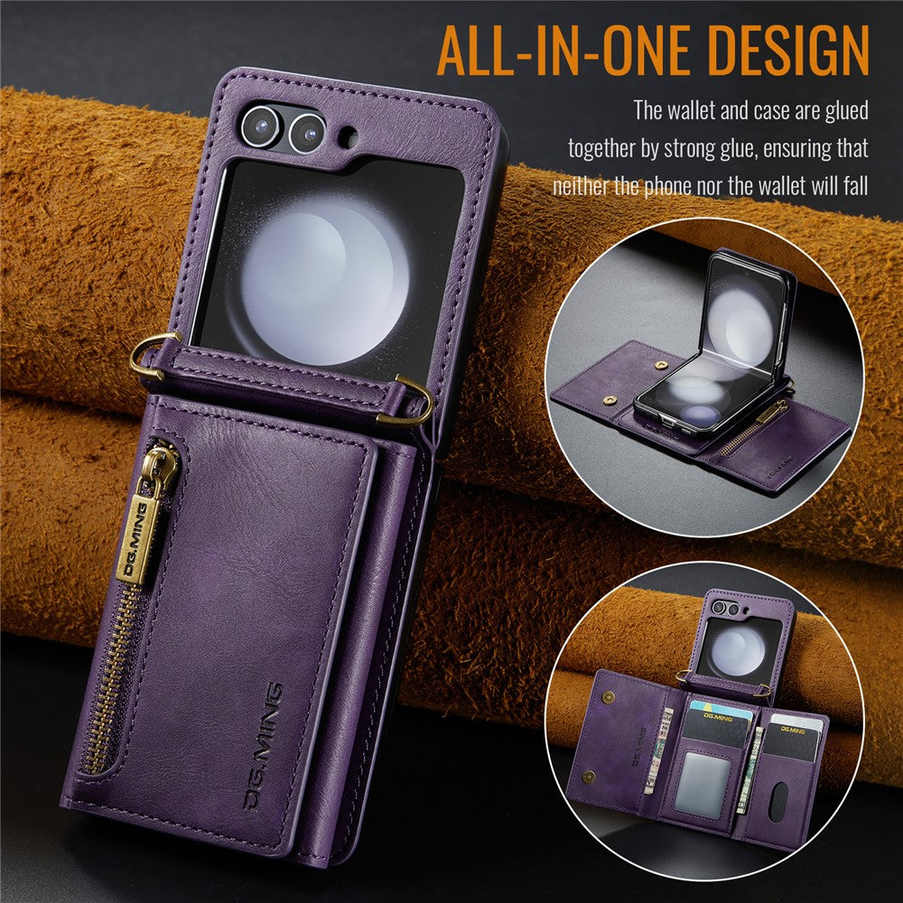 DG.MING M5 Series for Samsung Galaxy Z Flip7 FE 5G / Z Flip6 5G Case RFID Blocking Card Slots PU+PC Phone Cover - Purple