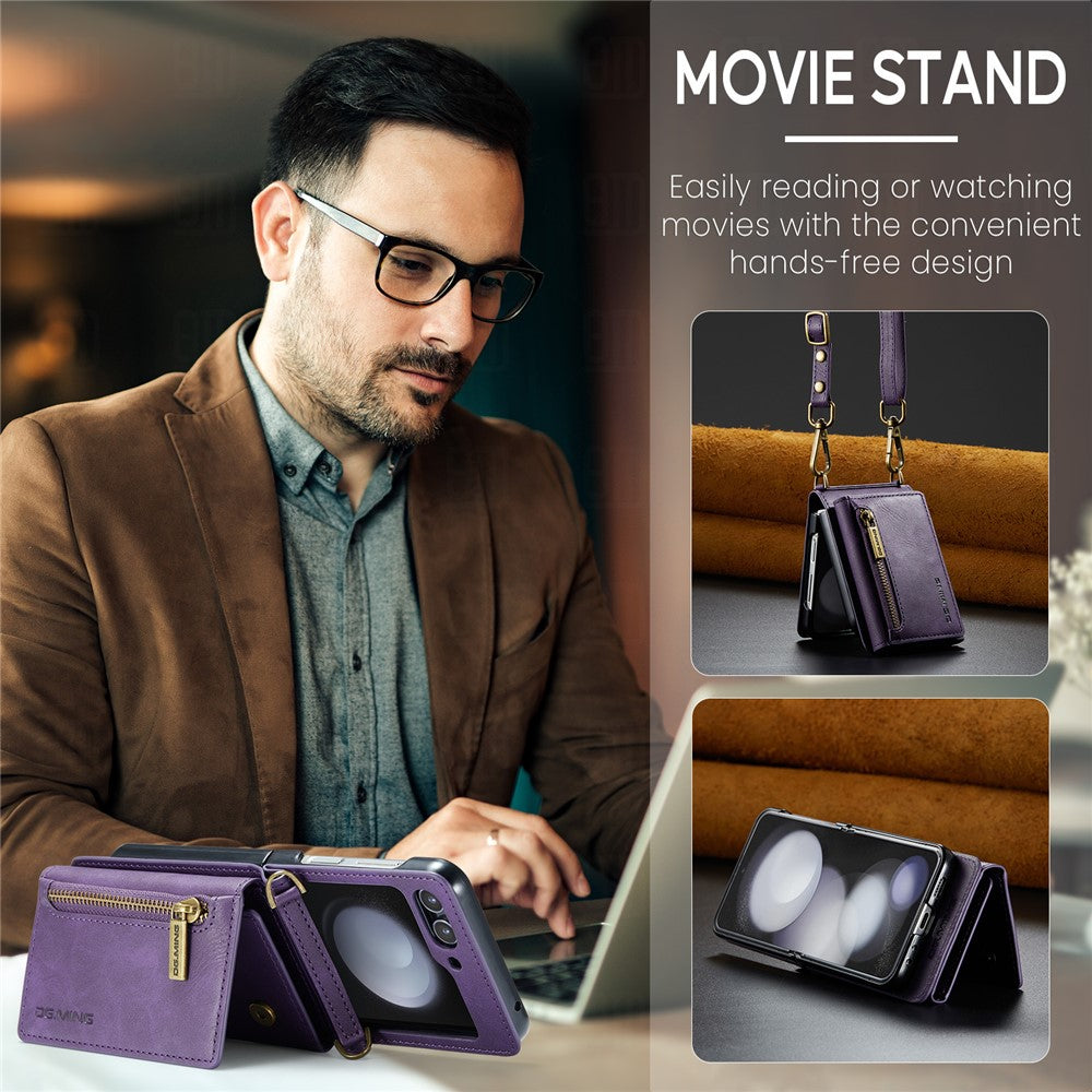 DG.MING M5 Series for Samsung Galaxy Z Flip7 FE 5G / Z Flip6 5G Case RFID Blocking Card Slots PU+PC Phone Cover - Purple