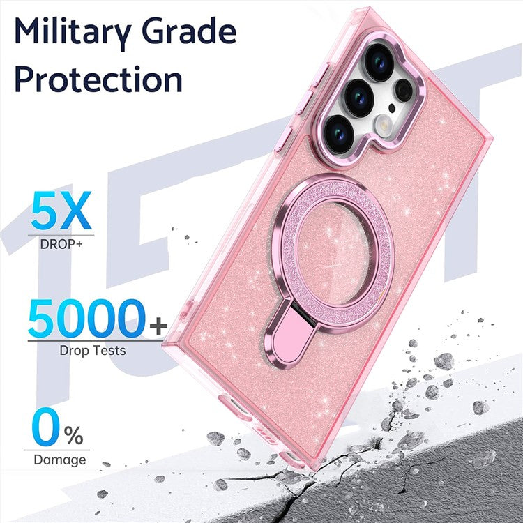 For Samsung Galaxy S24 Ultra Case Glitter Design TPU+PC Kickstand Phone Protector - Transparent