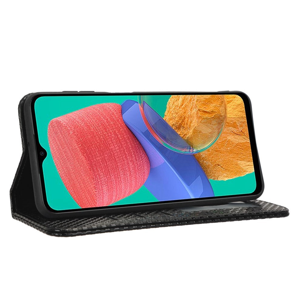 Phone Flip Wallet Case For Samsung Galaxy M33 5G (Global Version), Anti-wear PU Leather Magnetic Auto-absorbed Grid Texture Phone Cover Stand - Black