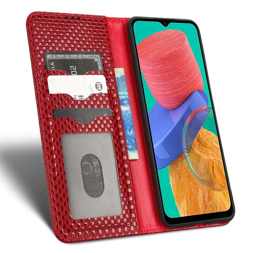 Phone Flip Wallet Case For Samsung Galaxy M33 5G (Global Version), Anti-wear PU Leather Magnetic Auto-absorbed Grid Texture Phone Cover Stand - Wine Red