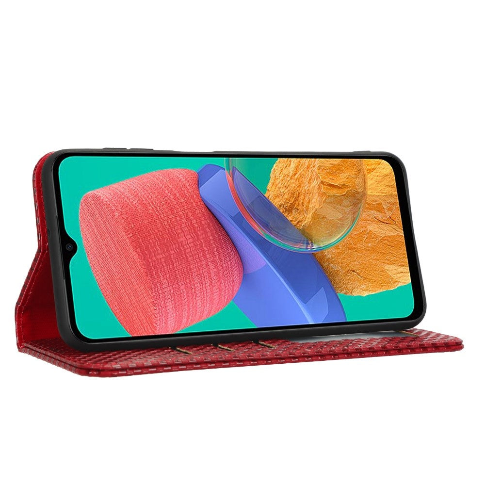 Phone Flip Wallet Case For Samsung Galaxy M33 5G (Global Version), Anti-wear PU Leather Magnetic Auto-absorbed Grid Texture Phone Cover Stand - Wine Red