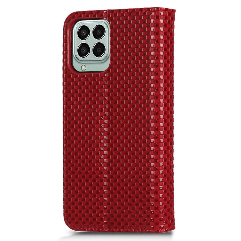 Phone Flip Wallet Case For Samsung Galaxy M33 5G (Global Version), Anti-wear PU Leather Magnetic Auto-absorbed Grid Texture Phone Cover Stand - Wine Red