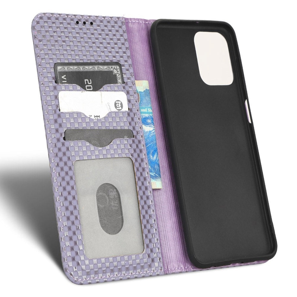 Phone Flip Wallet Case For Samsung Galaxy M33 5G (Global Version), Anti-wear PU Leather Magnetic Auto-absorbed Grid Texture Phone Cover Stand - Light Purple
