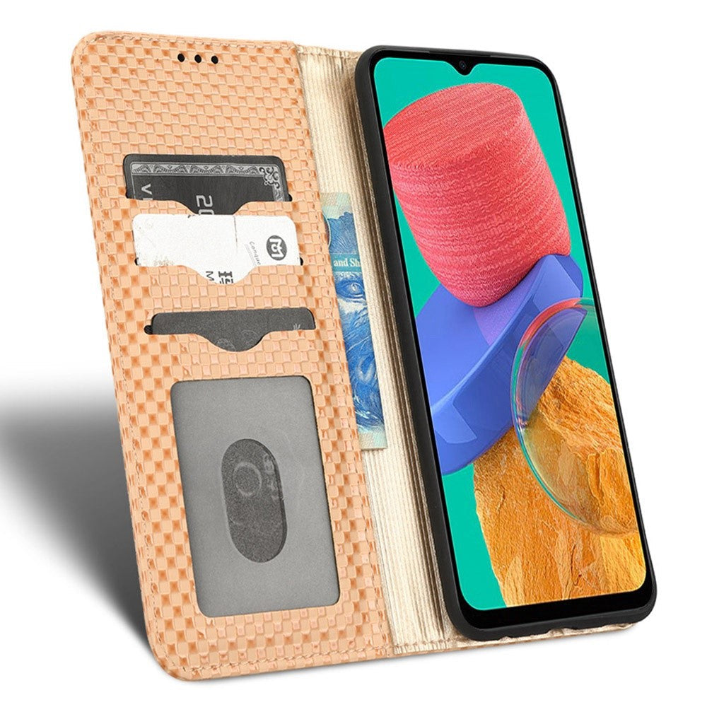 Phone Flip Wallet Case For Samsung Galaxy M33 5G (Global Version), Anti-wear PU Leather Magnetic Auto-absorbed Grid Texture Phone Cover Stand - Beige
