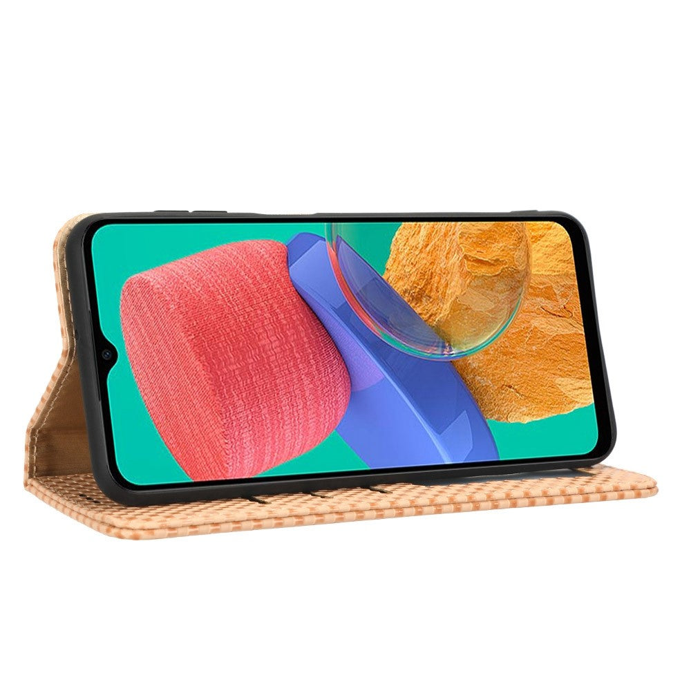Phone Flip Wallet Case For Samsung Galaxy M33 5G (Global Version), Anti-wear PU Leather Magnetic Auto-absorbed Grid Texture Phone Cover Stand - Beige