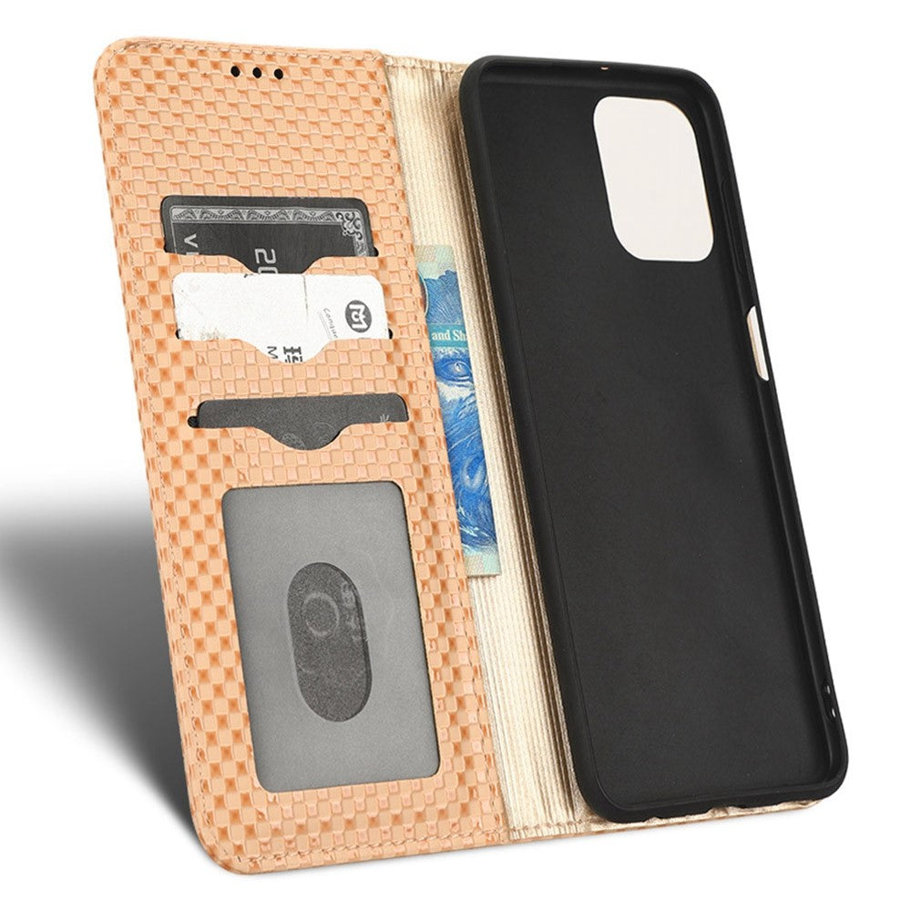 Phone Flip Wallet Case For Samsung Galaxy M33 5G (Global Version), Anti-wear PU Leather Magnetic Auto-absorbed Grid Texture Phone Cover Stand - Beige