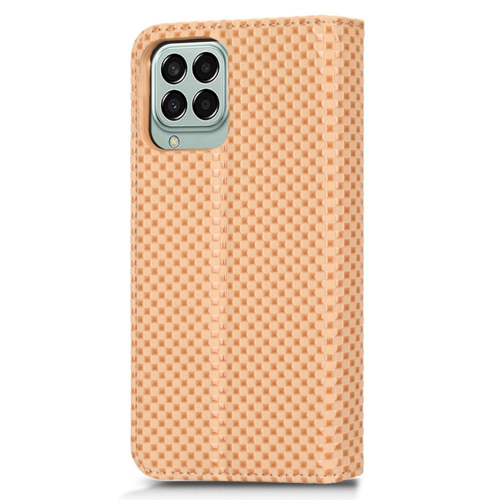 Phone Flip Wallet Case For Samsung Galaxy M33 5G (Global Version), Anti-wear PU Leather Magnetic Auto-absorbed Grid Texture Phone Cover Stand - Beige