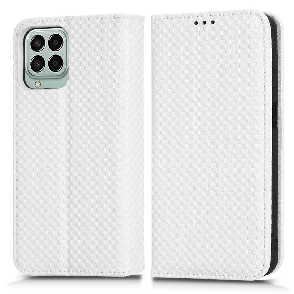 Phone Flip Wallet Case For Samsung Galaxy M33 5G (Global Version), Anti-wear PU Leather Magnetic Auto-absorbed Grid Texture Phone Cover Stand - White