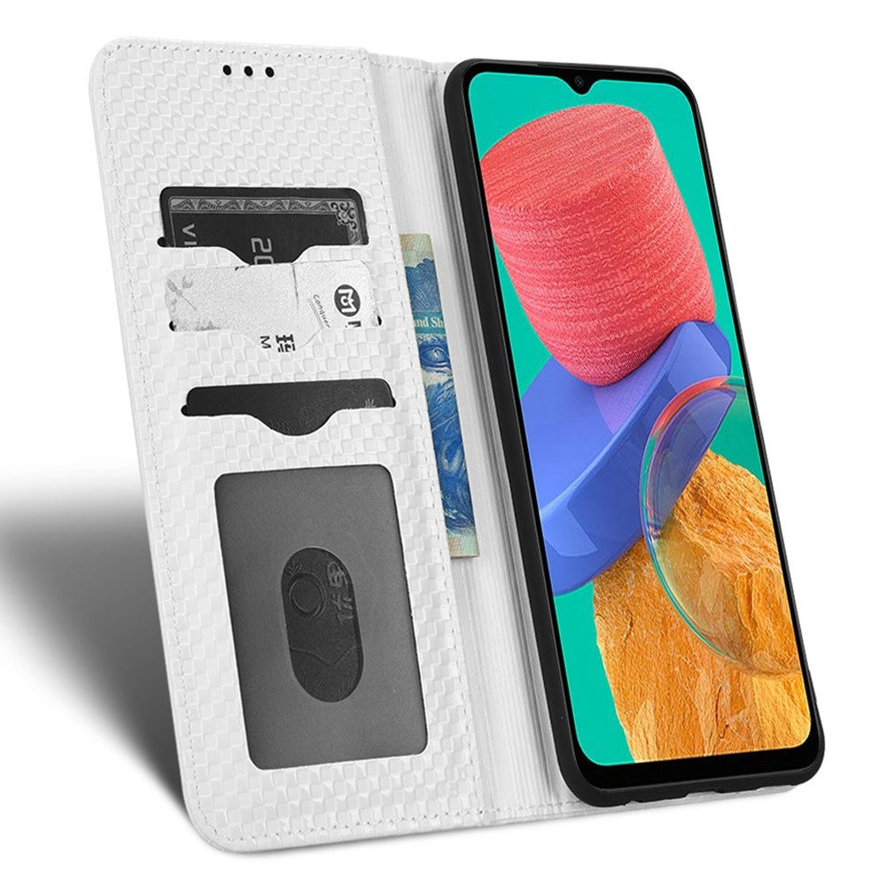 Phone Flip Wallet Case For Samsung Galaxy M33 5G (Global Version), Anti-wear PU Leather Magnetic Auto-absorbed Grid Texture Phone Cover Stand - White