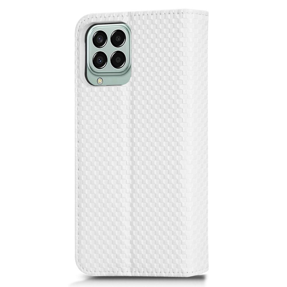 Phone Flip Wallet Case For Samsung Galaxy M33 5G (Global Version), Anti-wear PU Leather Magnetic Auto-absorbed Grid Texture Phone Cover Stand - White