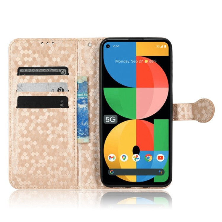 For Google Pixel 5a 5G Dot Pattern Imprinted PU Leather Case Flip Stand Wallet Cover with Wrist Strap - Rose Gold