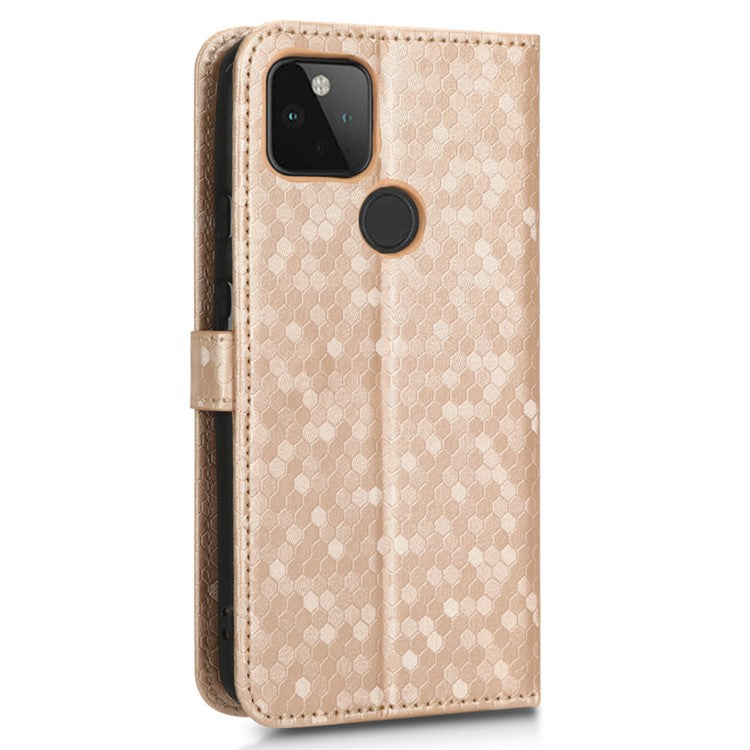 For Google Pixel 5a 5G Dot Pattern Imprinted PU Leather Case Flip Stand Wallet Cover with Wrist Strap - Rose Gold