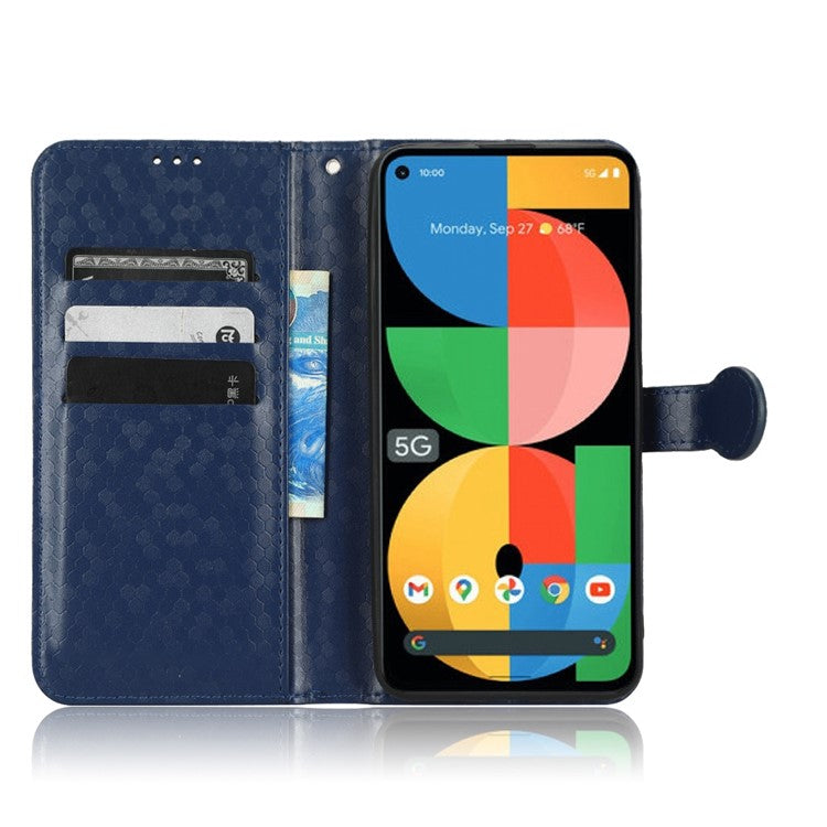 For Google Pixel 5a 5G Dot Pattern Imprinted PU Leather Case Flip Stand Wallet Cover with Wrist Strap - Dark Blue